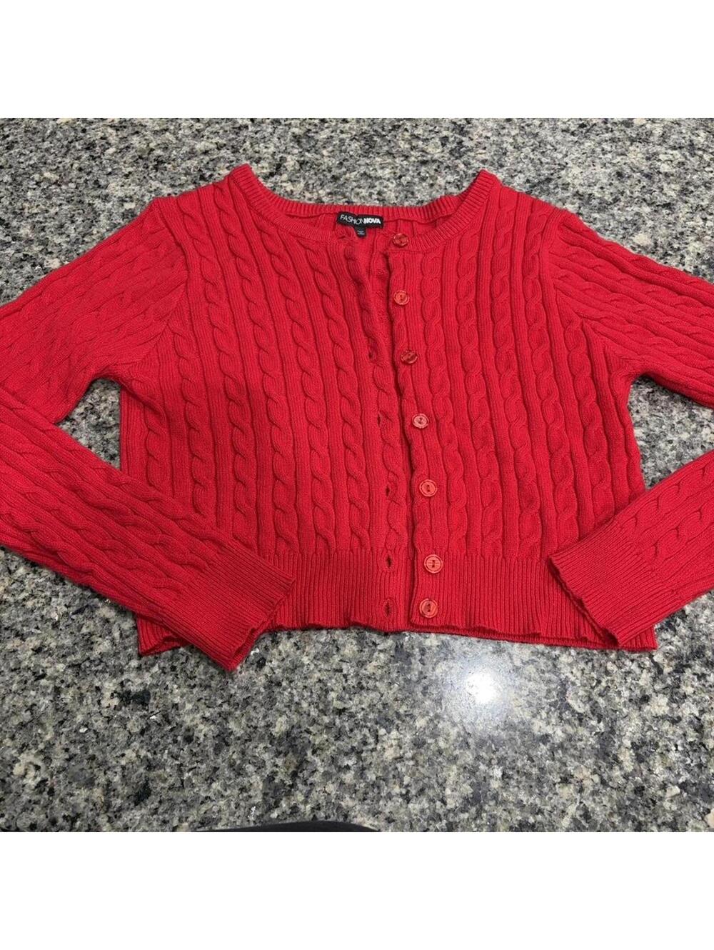 Fashion Nova Red Cable Knit Cropped Cardigan